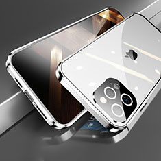 Coque Rebord Bumper Luxe Aluminum Metal Miroir 360 Degres Housse Etui Aimant M05 pour Apple iPhone 14 Pro Argent