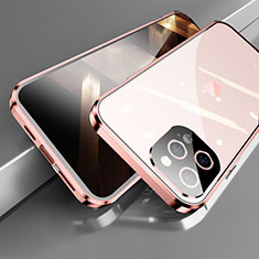 Coque Rebord Bumper Luxe Aluminum Metal Miroir 360 Degres Housse Etui Aimant M05 pour Apple iPhone 14 Pro Max Or Rose