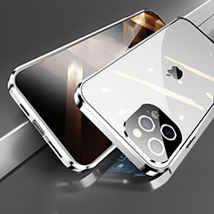 Coque Rebord Bumper Luxe Aluminum Metal Miroir 360 Degres Housse Etui Aimant M05 pour Apple iPhone 15 Pro Max Argent