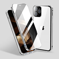 Coque Rebord Bumper Luxe Aluminum Metal Miroir 360 Degres Housse Etui Aimant M06 pour Apple iPhone 14 Pro Argent