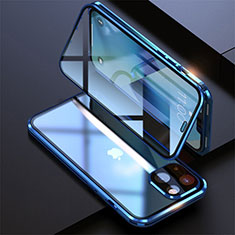 Coque Rebord Bumper Luxe Aluminum Metal Miroir 360 Degres Housse Etui Aimant M08 pour Apple iPhone 14 Plus Bleu