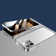 Coque Rebord Bumper Luxe Aluminum Metal Miroir 360 Degres Housse Etui Aimant M10 pour Apple iPhone 14 Pro Max Argent