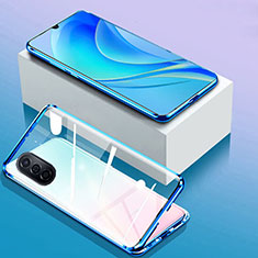 Coque Rebord Bumper Luxe Aluminum Metal Miroir 360 Degres Housse Etui Aimant P01 pour Huawei Enjoy 50 Bleu