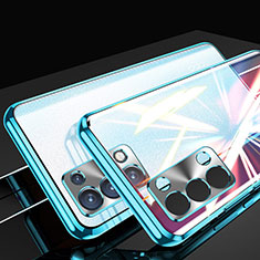 Coque Rebord Bumper Luxe Aluminum Metal Miroir 360 Degres Housse Etui Aimant P01 pour Oppo Reno6 Pro 5G Bleu