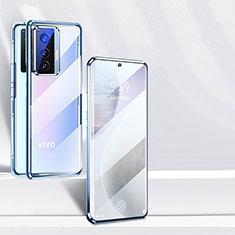 Coque Rebord Bumper Luxe Aluminum Metal Miroir 360 Degres Housse Etui Aimant P03 pour Vivo X70t Bleu