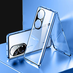 Coque Rebord Bumper Luxe Aluminum Metal Miroir 360 Degres Housse Etui Aimant pour Huawei P50 Pro Bleu