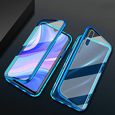 Coque Rebord Bumper Luxe Aluminum Metal Miroir 360 Degres Housse Etui Aimant pour Huawei Y8p Bleu