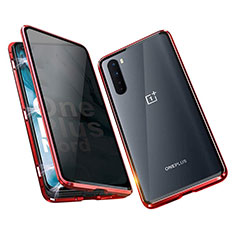 Coque Rebord Bumper Luxe Aluminum Metal Miroir 360 Degres Housse Etui Aimant pour OnePlus Nord Rouge