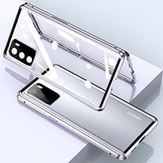Coque Rebord Bumper Luxe Aluminum Metal Miroir 360 Degres Housse Etui Aimant pour Oppo A16s Argent