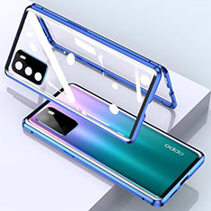 Coque Rebord Bumper Luxe Aluminum Metal Miroir 360 Degres Housse Etui Aimant pour Oppo A16s Bleu