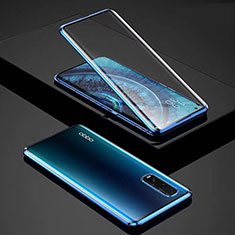 Coque Rebord Bumper Luxe Aluminum Metal Miroir 360 Degres Housse Etui Aimant pour Oppo Find X2 Bleu