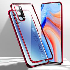 Coque Rebord Bumper Luxe Aluminum Metal Miroir 360 Degres Housse Etui Aimant pour Oppo Reno4 5G Rouge