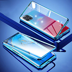 Coque Rebord Bumper Luxe Aluminum Metal Miroir 360 Degres Housse Etui Aimant pour Oppo Reno4 Lite Bleu