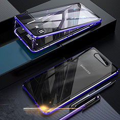 Coque Rebord Bumper Luxe Aluminum Metal Miroir 360 Degres Housse Etui Aimant pour Samsung Galaxy A90 4G Bleu