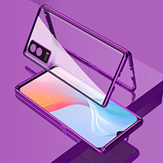 Coque Rebord Bumper Luxe Aluminum Metal Miroir 360 Degres Housse Etui Aimant pour Vivo iQOO Z5x 5G Violet