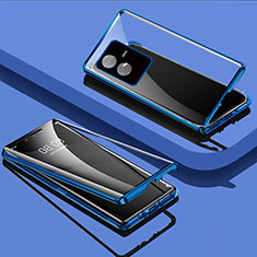 Coque Rebord Bumper Luxe Aluminum Metal Miroir 360 Degres Housse Etui Aimant pour Vivo Y73t Bleu