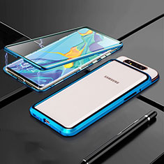Coque Rebord Bumper Luxe Aluminum Metal Miroir 360 Degres Housse Etui Aimant T01 pour Samsung Galaxy A90 4G Bleu