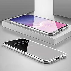 Coque Rebord Bumper Luxe Aluminum Metal Miroir 360 Degres Housse Etui Aimant T06 pour Samsung Galaxy S10 Argent