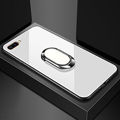 Coque Rebord Contour Silicone et Vitre Miroir Housse Etui avec Support Bague Anneau Magnetique A01 pour Oppo A12e Blanc