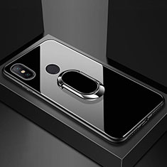 Coque Rebord Contour Silicone et Vitre Miroir Housse Etui avec Support Bague Anneau Magnetique A01 pour Xiaomi Mi A2 Lite Noir