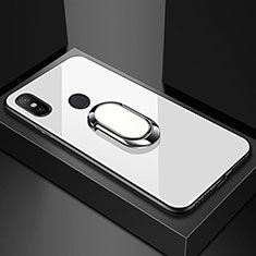 Coque Rebord Contour Silicone et Vitre Miroir Housse Etui avec Support Bague Anneau Magnetique A01 pour Xiaomi Redmi 6 Pro Blanc