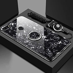 Coque Rebord Contour Silicone et Vitre Miroir Housse Etui avec Support Bague Anneau Magnetique M01 pour Huawei Enjoy 8e Noir