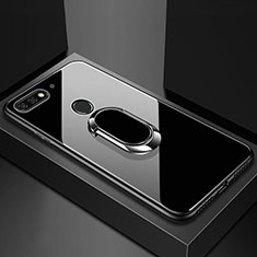 Coque Rebord Contour Silicone et Vitre Miroir Housse Etui avec Support Bague Anneau Magnetique pour Huawei Enjoy 8e Noir