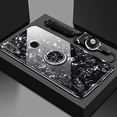 Coque Rebord Contour Silicone et Vitre Miroir Housse Etui avec Support Bague Anneau Magnetique pour Huawei Enjoy 9 Plus Noir