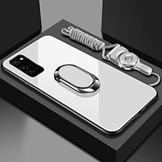 Coque Rebord Contour Silicone et Vitre Miroir Housse Etui avec Support Bague Anneau Magnetique pour Huawei Honor V30 Pro 5G Blanc