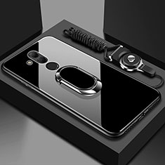 Coque Rebord Contour Silicone et Vitre Miroir Housse Etui avec Support Bague Anneau Magnetique pour Huawei Mate 20 Lite Noir