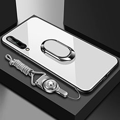 Coque Rebord Contour Silicone et Vitre Miroir Housse Etui avec Support Bague Anneau Magnetique pour Huawei P smart S Blanc