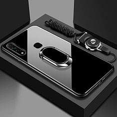 Coque Rebord Contour Silicone et Vitre Miroir Housse Etui avec Support Bague Anneau Magnetique pour Oppo A8 Noir
