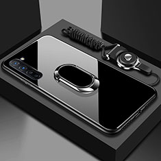 Coque Rebord Contour Silicone et Vitre Miroir Housse Etui avec Support Bague Anneau Magnetique pour Oppo F15 Noir