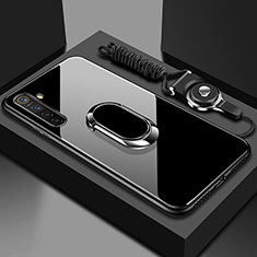 Coque Rebord Contour Silicone et Vitre Miroir Housse Etui avec Support Bague Anneau Magnetique pour Oppo K5 Noir