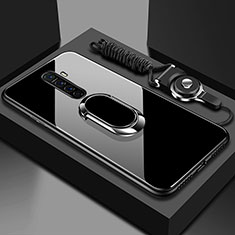 Coque Rebord Contour Silicone et Vitre Miroir Housse Etui avec Support Bague Anneau Magnetique pour Oppo Reno Ace Noir