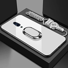 Coque Rebord Contour Silicone et Vitre Miroir Housse Etui avec Support Bague Anneau Magnetique pour Oppo Reno Blanc