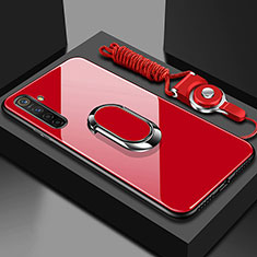 Coque Rebord Contour Silicone et Vitre Miroir Housse Etui avec Support Bague Anneau Magnetique pour Realme XT Rouge