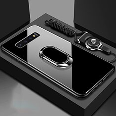 Coque Rebord Contour Silicone et Vitre Miroir Housse Etui avec Support Bague Anneau Magnetique pour Samsung Galaxy S10 Noir