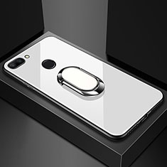 Coque Rebord Contour Silicone et Vitre Miroir Housse Etui avec Support Bague Anneau Magnetique pour Xiaomi Mi 8 Lite Blanc