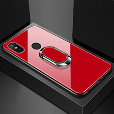 Coque Rebord Contour Silicone et Vitre Miroir Housse Etui avec Support Bague Anneau Magnetique pour Xiaomi Mi Max 3 Rouge