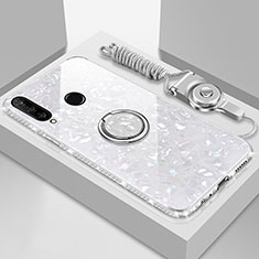 Coque Rebord Contour Silicone et Vitre Miroir Housse Etui avec Support Bague Anneau Magnetique T01 pour Huawei P Smart+ Plus (2019) Blanc