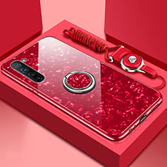 Coque Rebord Contour Silicone et Vitre Miroir Housse Etui avec Support Bague Anneau Magnetique T01 pour Oppo A91 Rouge