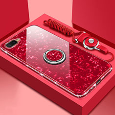Coque Rebord Contour Silicone et Vitre Miroir Housse Etui avec Support Bague Anneau Magnetique T01 pour Oppo RX17 Neo Rouge