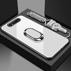 Coque Rebord Contour Silicone et Vitre Miroir Housse Etui avec Support Bague Anneau Magnetique T01 pour Samsung Galaxy A90 4G Blanc