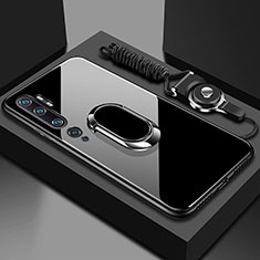 Coque Rebord Contour Silicone et Vitre Miroir Housse Etui avec Support Bague Anneau Magnetique T01 pour Xiaomi Mi Note 10 Noir
