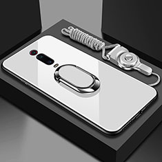 Coque Rebord Contour Silicone et Vitre Miroir Housse Etui avec Support Bague Anneau Magnetique T01 pour Xiaomi Redmi K20 Pro Blanc