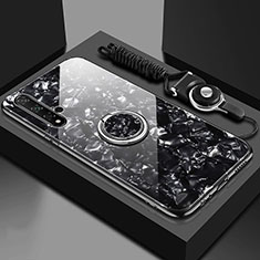 Coque Rebord Contour Silicone et Vitre Miroir Housse Etui avec Support Bague Anneau Magnetique T02 pour Huawei Nova 5 Noir