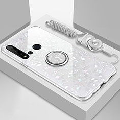 Coque Rebord Contour Silicone et Vitre Miroir Housse Etui avec Support Bague Anneau Magnetique T02 pour Huawei P20 Lite (2019) Blanc