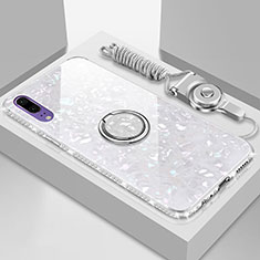 Coque Rebord Contour Silicone et Vitre Miroir Housse Etui avec Support Bague Anneau Magnetique T03 pour Huawei P20 Blanc