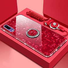 Coque Rebord Contour Silicone et Vitre Miroir Housse Etui avec Support Bague Anneau Magnetique T03 pour Huawei P20 Rouge